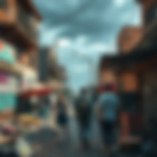 A group of people in a run-down neighborhood, showing signs of neglect and moral decline, with trash on the streets and graffiti on walls.
