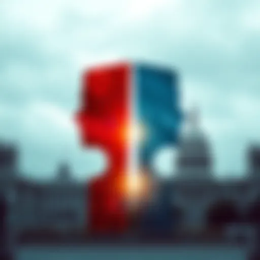 A split image showing symbols for left and right political ideologies, highlighting their different views on decentralization, with a backdrop of government buildings.