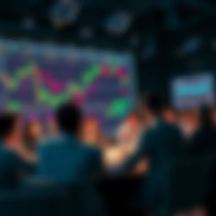 People engaging in a discussion about the value of decentralized currency, with charts and graphs showing fluctuations in cryptocurrency prices.