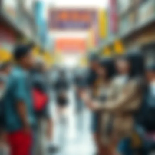 A group of young people dressed in unconventional styles interacting in a vibrant urban setting, contrasting with a more traditional crowd in the background.