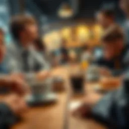 People engaging in conversation with donuts and coffee on a table