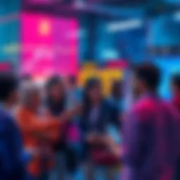 A group of people engaged in a lively discussion about trading strategies and daily events, with digital devices in hand, symbolizing community engagement and the use of the Lightning Network for tipping.