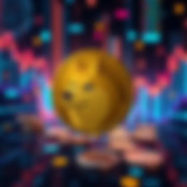 A visual of the Dogecoin symbol in front of a digital currency backdrop, representing its potential as a mainstream currency.