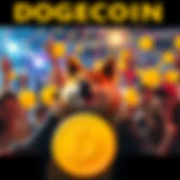 A group of people celebrating with Dogecoin symbols and a cheerful dog mascot in a festive setting.