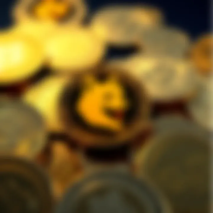 A collection of Dogecoin coins with the logo prominently displayed, representing excitement in the crypto market.