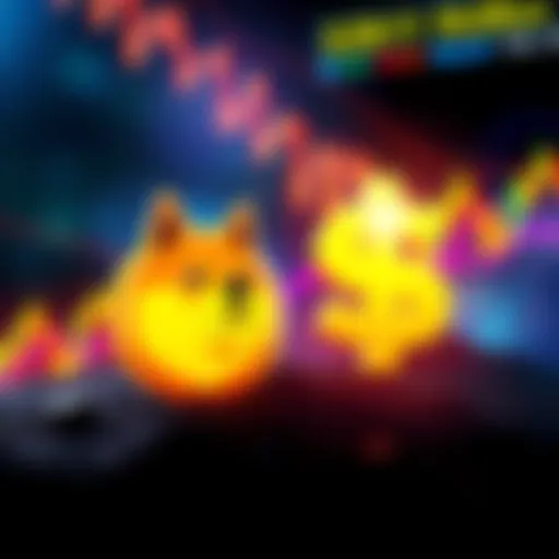 A vibrant Dogecoin logo next to a dollar sign, symbolizing its potential to reach $1, set against a colorful background representing the crypto market.