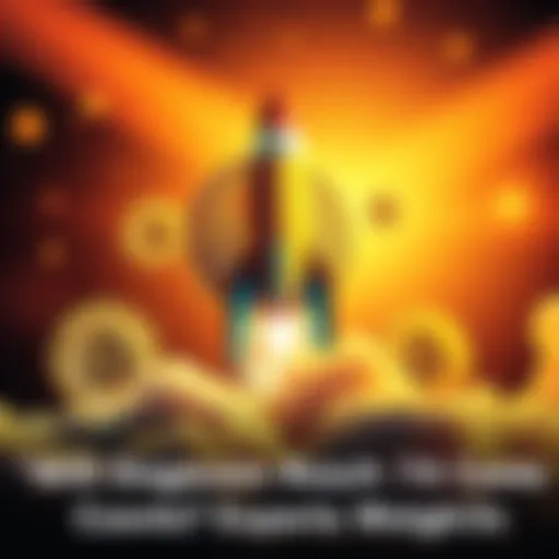 A visual representation of Dogecoin's potential growth with a rocket symbolizing its rise, surrounded by other cryptocurrency symbols.