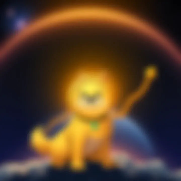 Graph showing upward trend in Doge Coin value with a space background and a cartoon dog in the foreground.