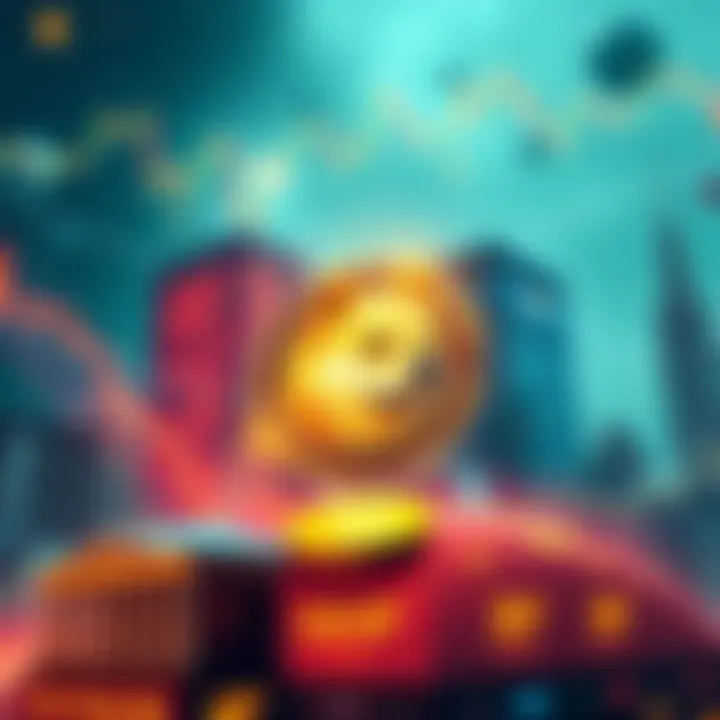 A visual representation of Dogecoin surrounded by financial charts and institutional buildings, illustrating its adoption in the finance sector