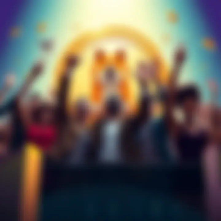 Group of diverse individuals celebrating their financial success from Dogecoin investments, with a Dogecoin logo in the background.
