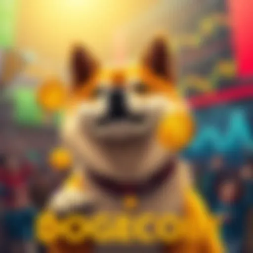 A vibrant graphic showing a Shiba Inu dog symbolizing Dogecoin with people cheering and cryptocurrency charts in the background.