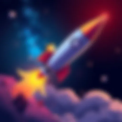 A cartoon rocket with a Dogecoin symbol soaring into the sky, representing potential growth.