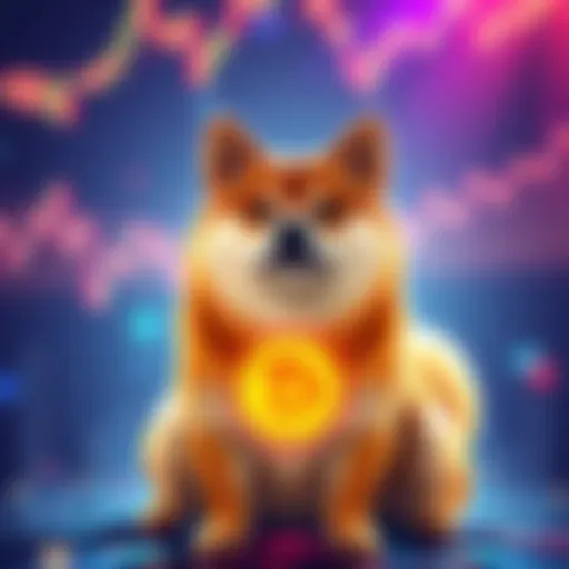 A Shiba Inu dog representing the Dogecoin, set against a vibrant background symbolizing market trends and speculation.