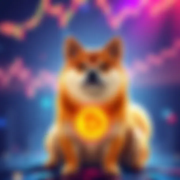 A Shiba Inu dog representing the Dogecoin, set against a vibrant background symbolizing market trends and speculation.