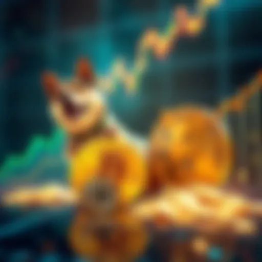 A graphical comparison showing Doge Coin's market cap approaching Bitcoin's market cap, with rising graphs and Doge imagery