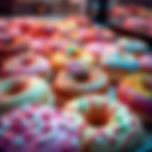 A vibrant array of donuts topped with colorful icing and sprinkles in a bakery window