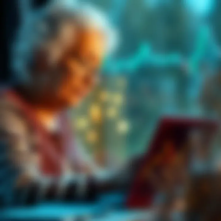 An 82-year-old woman examines a Bitcoin chart on her laptop, contemplating her investment decisions