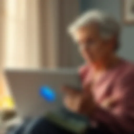 An elderly woman looking worried while holding a laptop, with a visible Coinbase logo on the screen and stacks of money around her, representing the $15,000 reward for account recovery