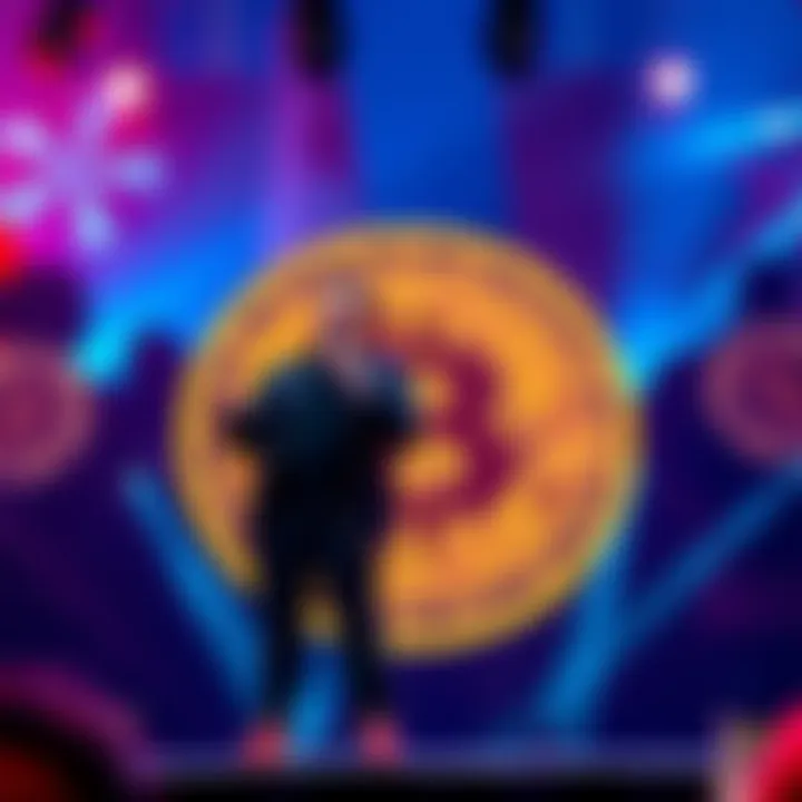 Elon Musk stands on stage with a Bitcoin symbol backdrop, announcing his new political party focused on cryptocurrency.