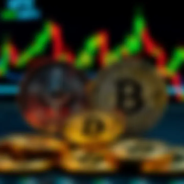 A visual comparison of Ethereum and Bitcoin symbols, highlighting potential impacts and market trends, with a background of fluctuating market graphs.