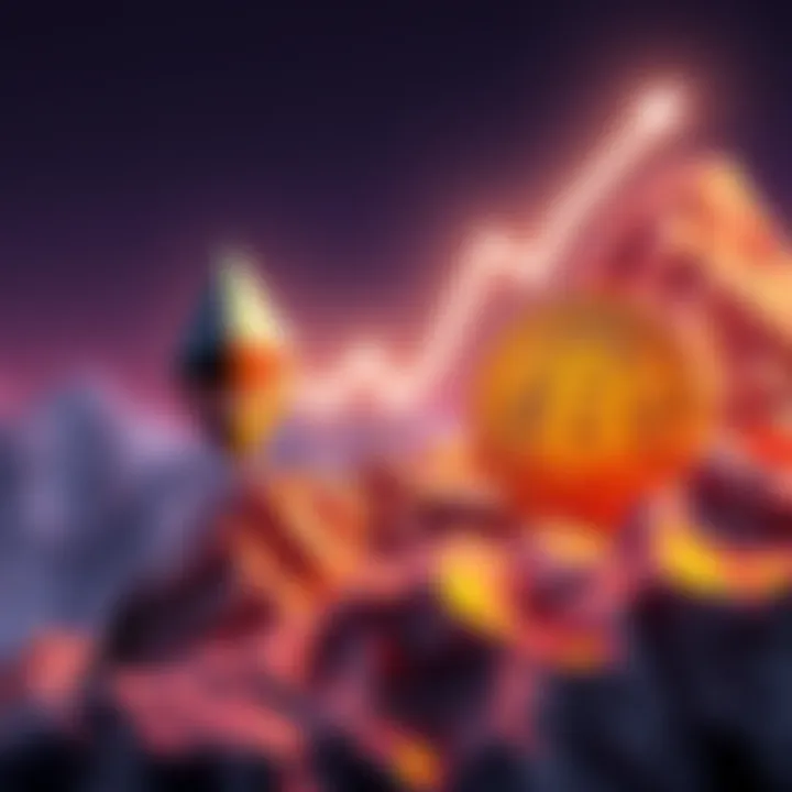 Ethereum logo with upward trend and Bitcoin logo at recent high
