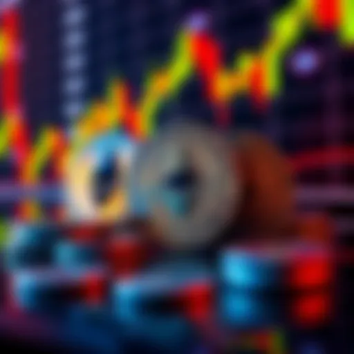 A visual representation of Ethereum coins with a stock chart in the background, symbolizing the NYSE's rule change for ETH staking on ETFs.