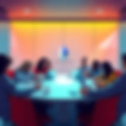 A vibrant group of people discussing Ethereum topics at a round table with laptops and coffee mugs