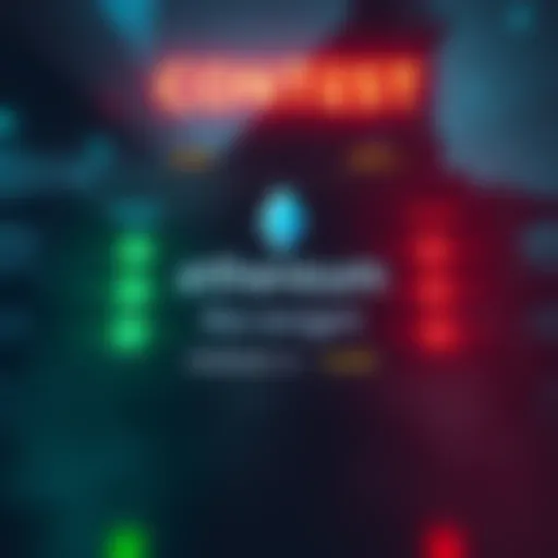A graphic showing a digital scoreboard with Ethereum logo and contest details, featuring green and red lights to represent price movement predictions.