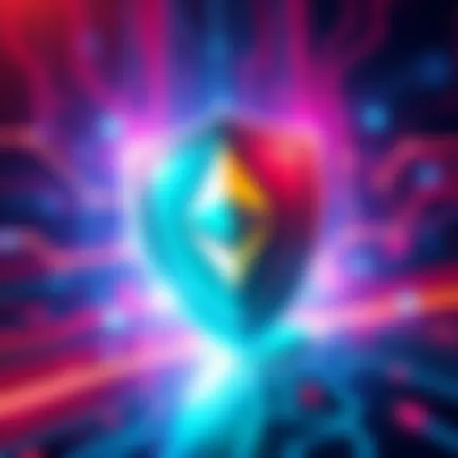 Illustration of a digital shield protecting Ethereum smart contracts against threats