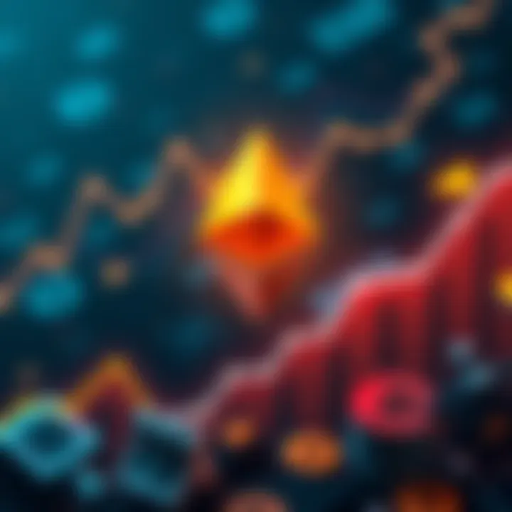 Ethereum logo with a background showing upward market trends and digital currency symbols