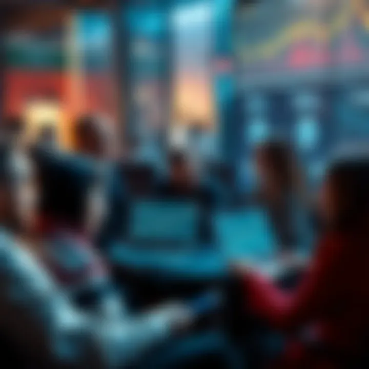 A group of people engaging in discussions about Ethereum topics, with laptops and charts showing price trends.