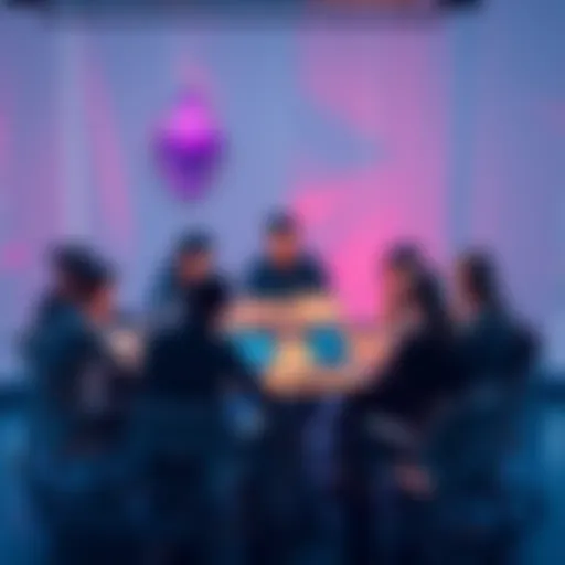 A group of people discussing Ethereum trends and news at a round table with laptops and notepads.