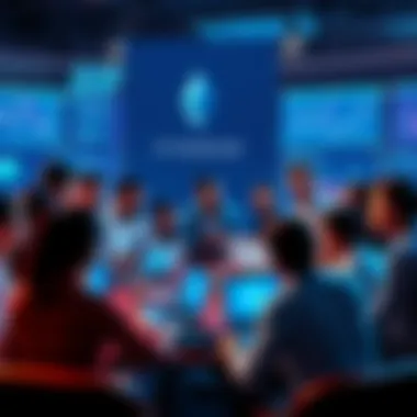 A diverse group of people engaging in a discussion about Ethereum, with laptops and digital displays showing Ethereum charts and news articles in a lively setting.