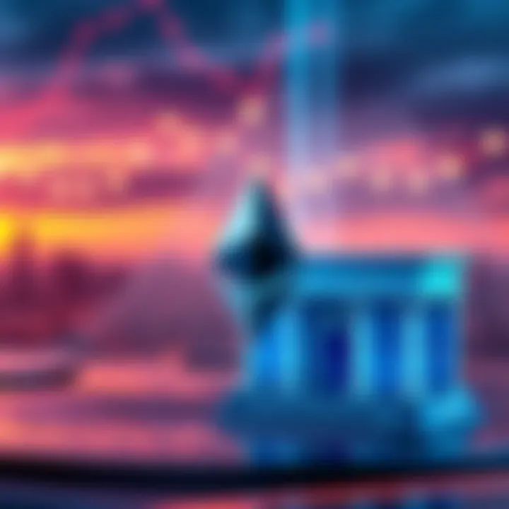 A graphic representation of the Ethereum symbol alongside a digital representation of a bank, symbolizing the future of finance and decentralized finance solutions.