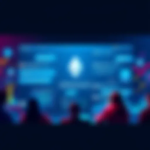 A vibrant online forum where people discuss Ethereum, featuring a chat interface with text bubbles and crypto graphics.