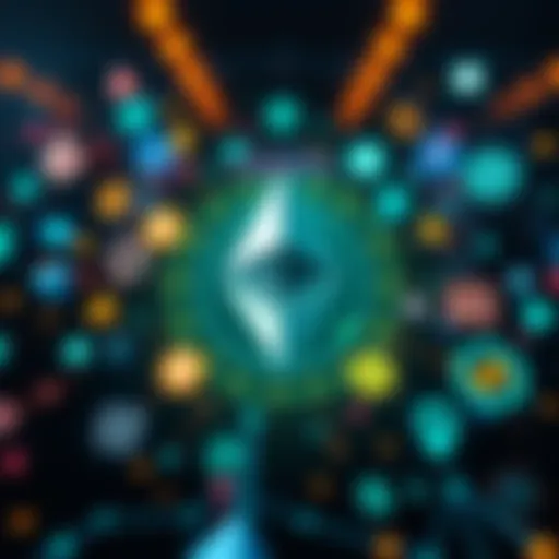 A graphic showing the Ethereum logo surrounded by various blockchain symbols representing community growth and innovation.