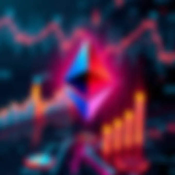 Illustration of Ethereum logo with graphs showing progress and challenges like gas fees and transaction speeds.