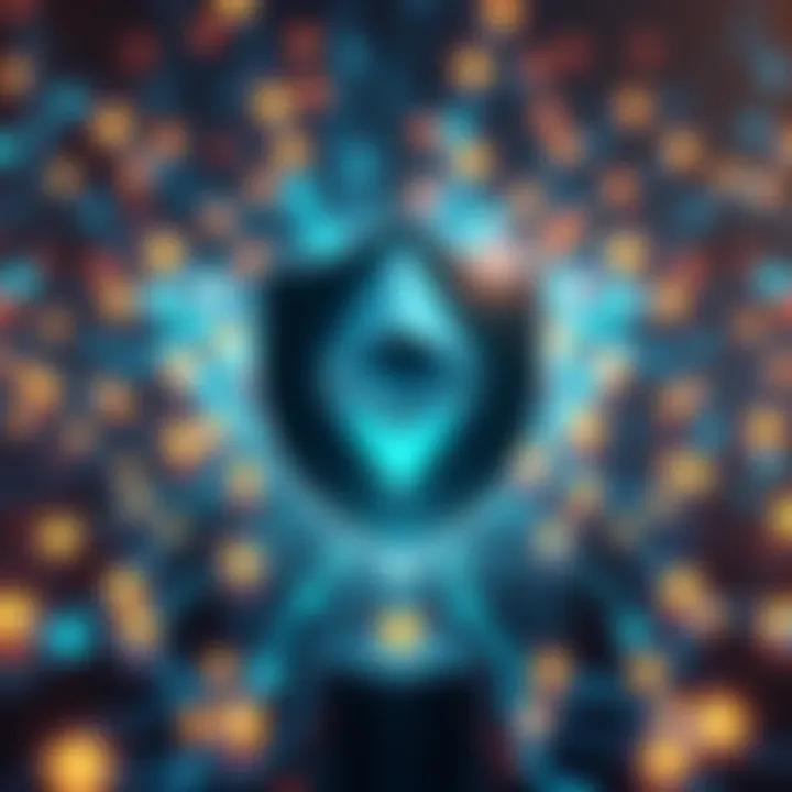 A visual representation of Ethereum's network with a shield symbolizing security, highlighting the strength of staked ETH investments.