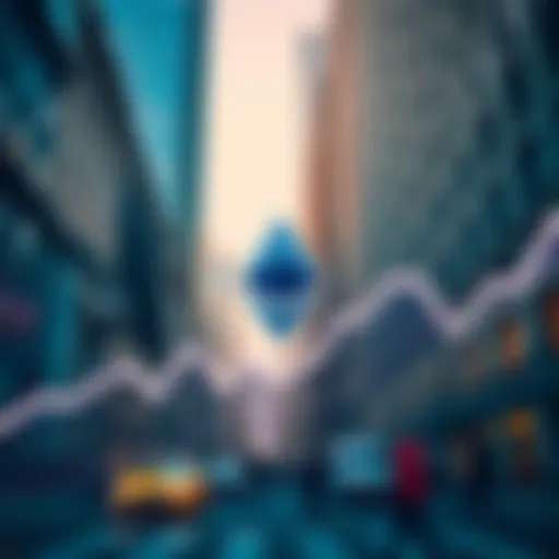 A graph showing Ethereum's price increase, with Wall Street buildings in the background, symbolizing financial interest.