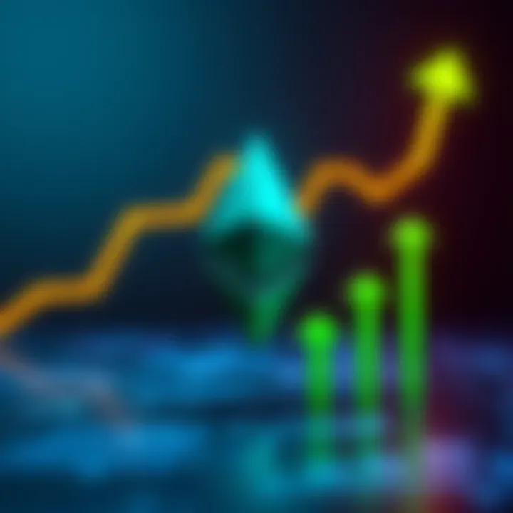 Ethereum logo surrounded by green upward arrows symbolizing potential price rallies due to economic changes