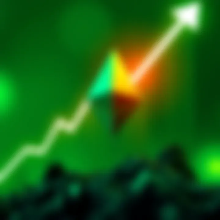 Ethereum logo with an upward graph line and a green background symbolizing growth