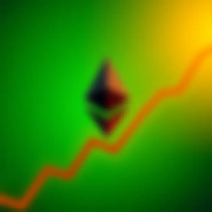 Ethereum logo on a green background showing positive market movement