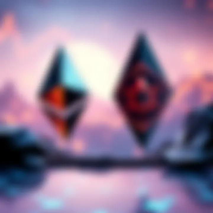 A visual comparison of Ethereum and Solana logos with a background representing growth and technology