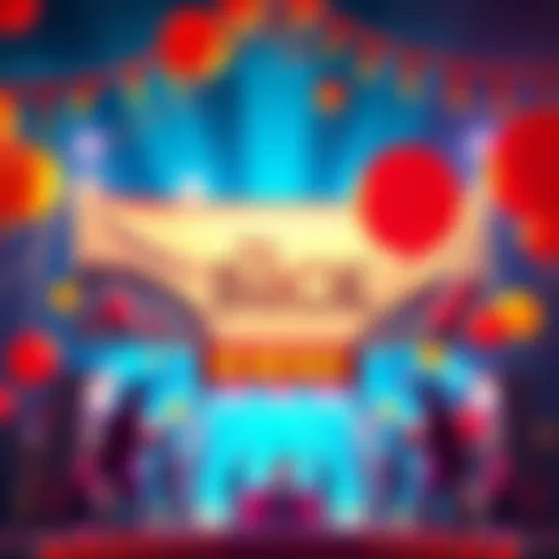 A vibrant banner announcing upcoming events with colorful decorations and balloons
