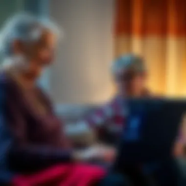 An elderly woman smiling while looking at a laptop with Ethereum visuals on the screen, having a conversation with a younger person beside her.