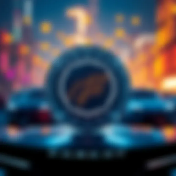 Faraday Future's logo with cryptocurrency symbols and electric vehicles in the background