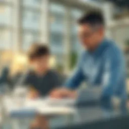 A father and his young son sitting at a table, looking at financial charts and discussing dollar-cost averaging strategies for saving money.