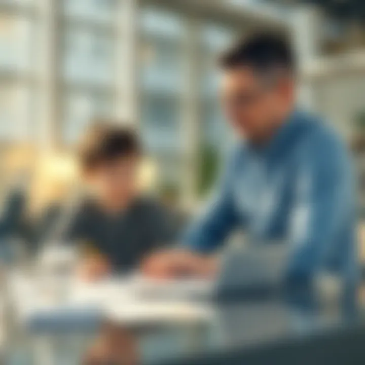 A father and his young son sitting at a table, looking at financial charts and discussing dollar-cost averaging strategies for saving money.