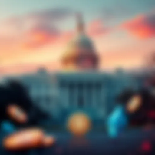 A visual representation of the U.S. federal shutdown affecting the cryptocurrency market, featuring a government building and crypto symbols like Bitcoin and Ethereum in the foreground.