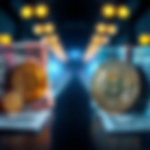 A visual comparison of fiat currency and Bitcoin, showing fiat bills on one side and Bitcoin symbols on the other, highlighting their differences in usage and stability